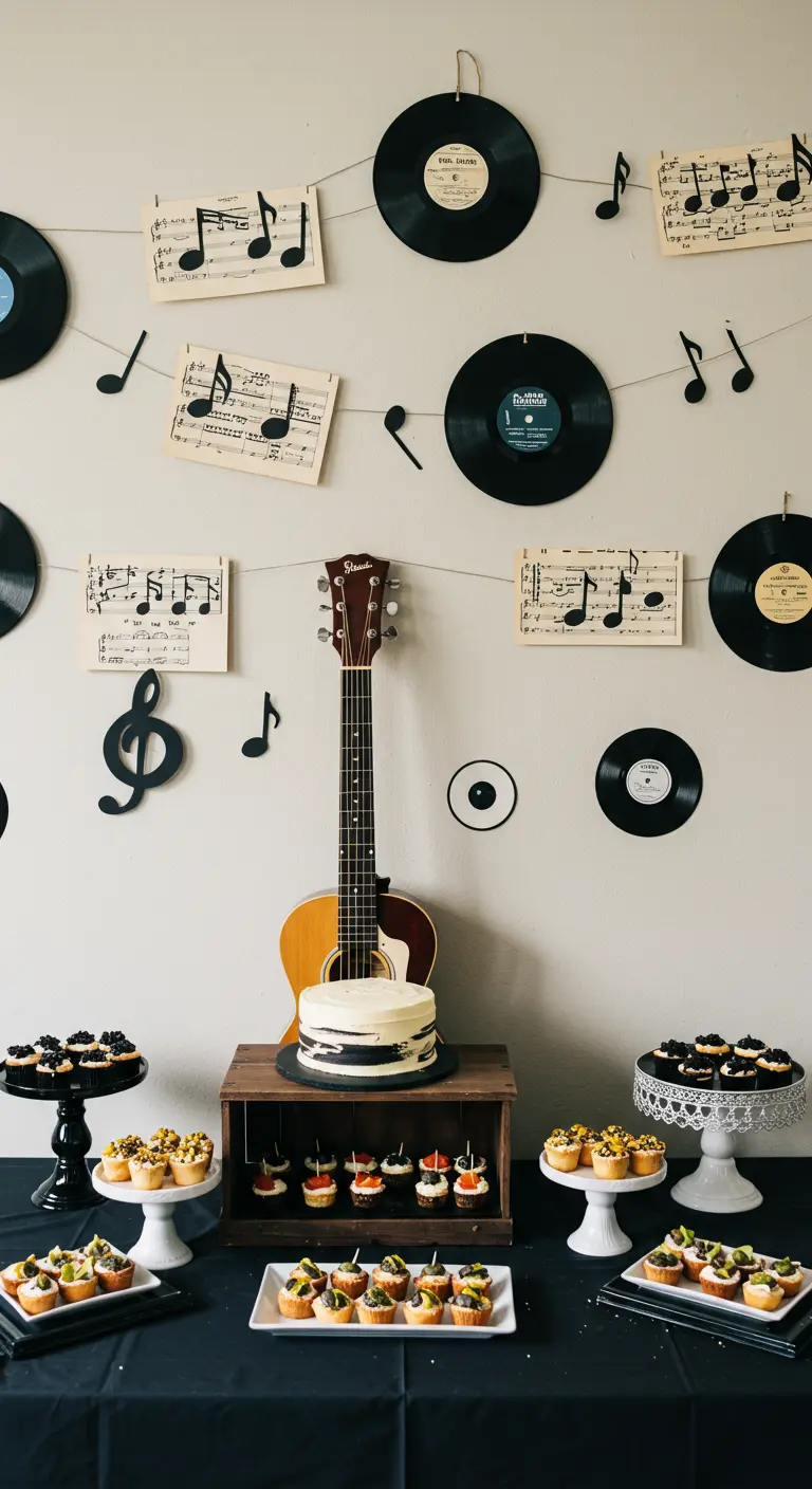 Déco murale sur le thème de la musique avec des vinyles et des partitions.