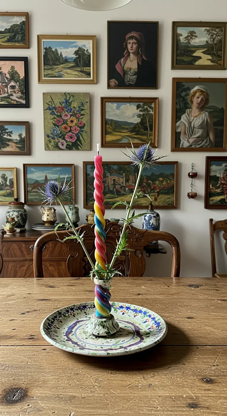 Centre de table coloré et éclectique avec bougie torsadée et chardons bleus.