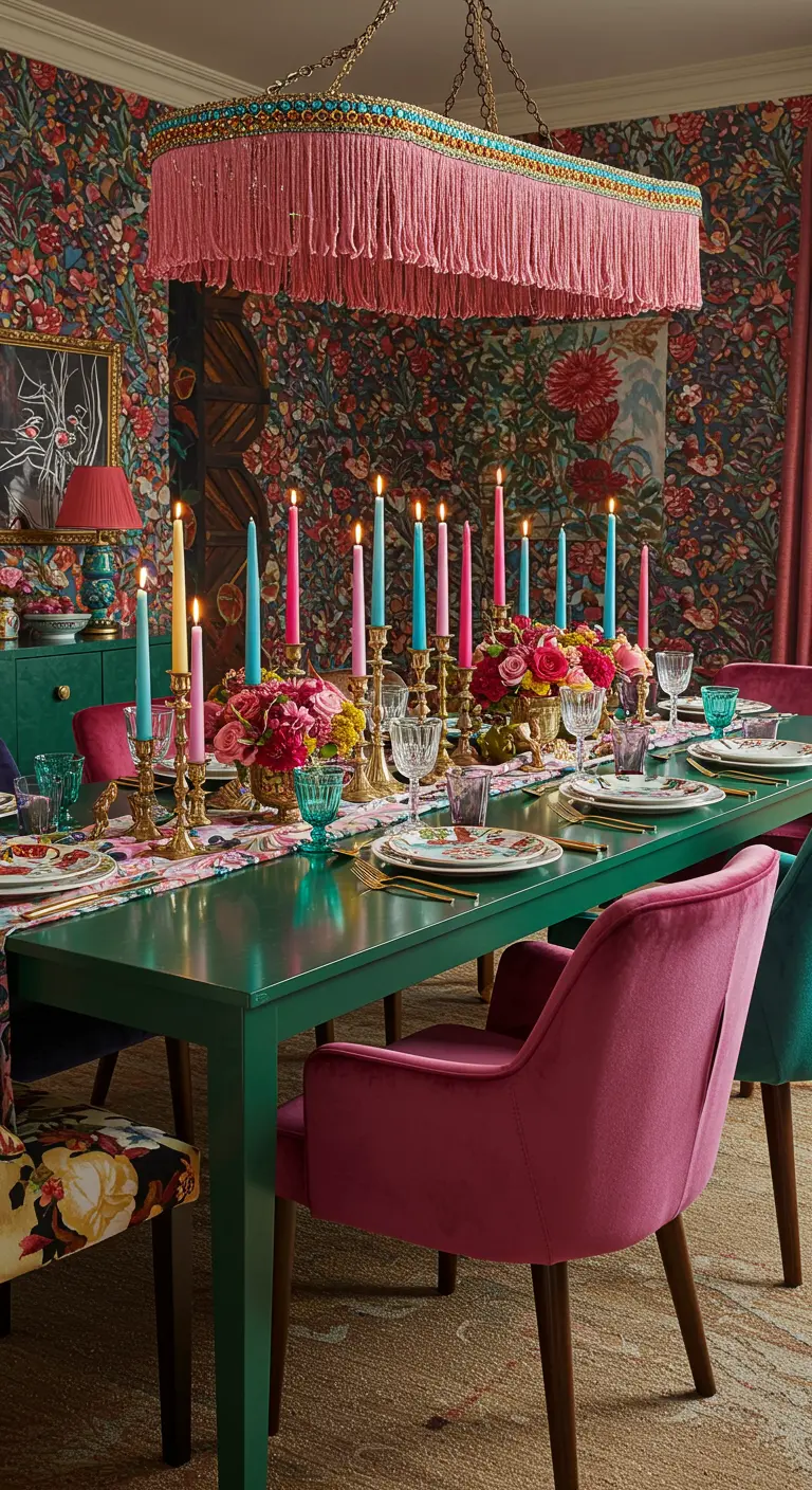 Table de fête maximaliste et colorée avec des bougies vives, des chaises roses et un papier peint floral.