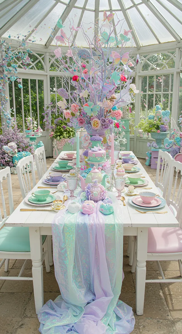 Table de thé aux couleurs pastel avec arbre décoré de papillons et fleurs, vaisselle dépareillée et pâtisseries.