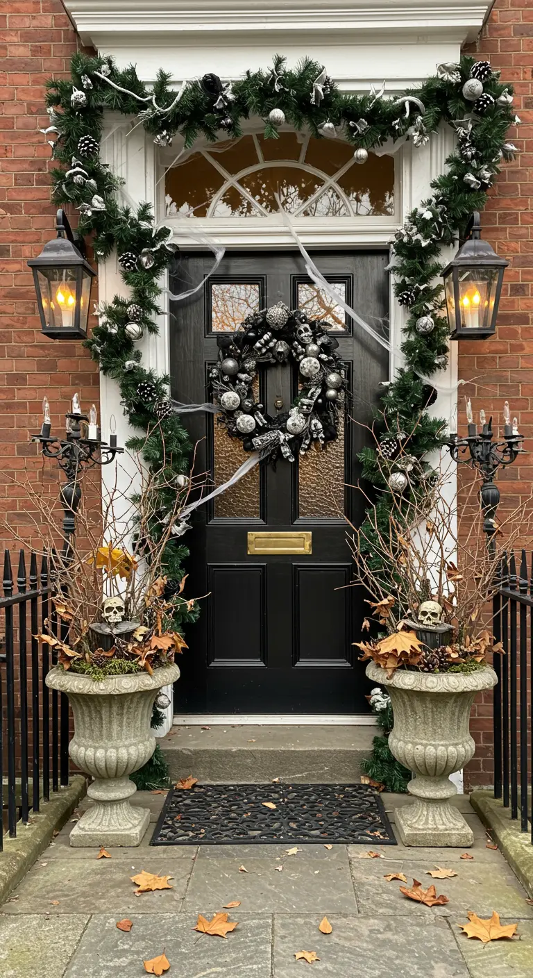 Porte noire avec guirlande de sapin, têtes de mort et toiles d'araignée.