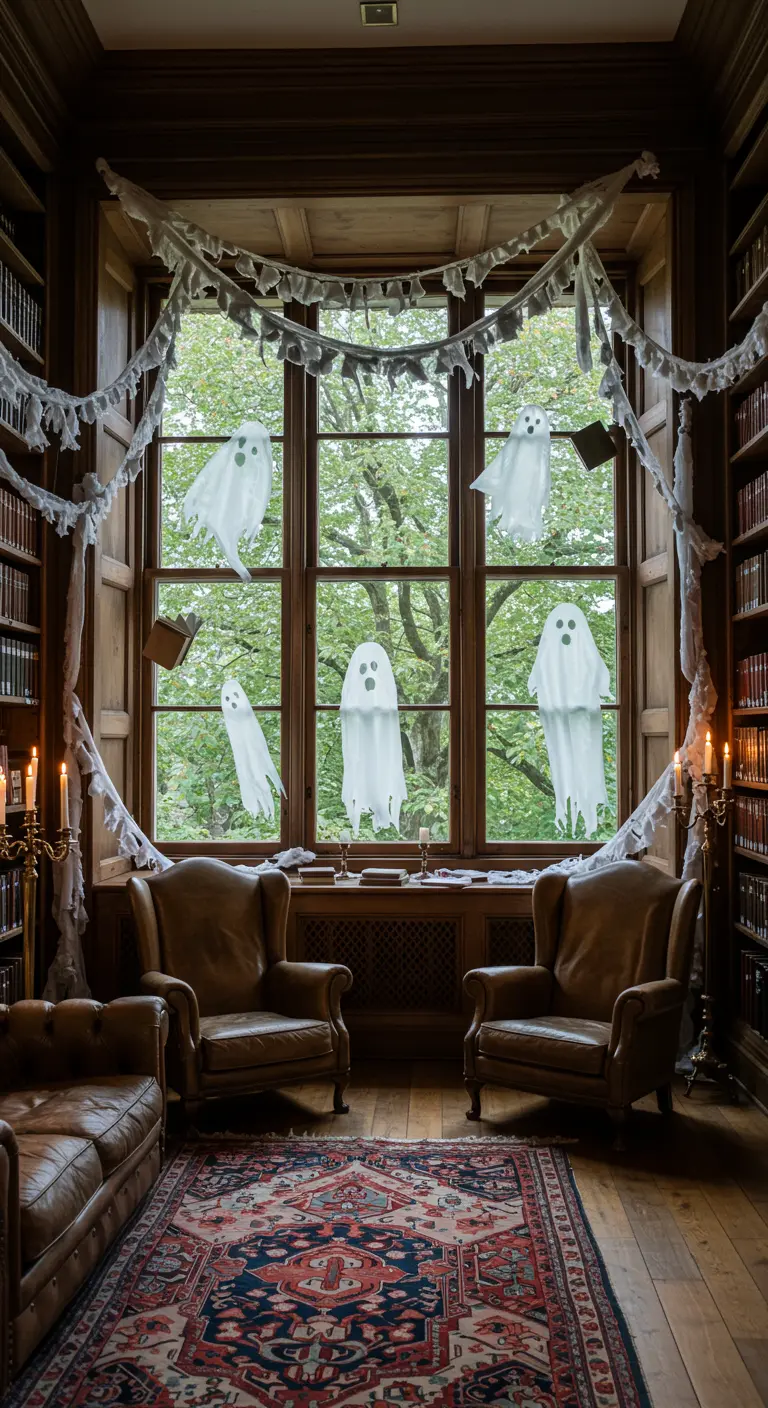 Bibliothèque avec fantômes blancs aux fenêtres, voilages déchirés et ambiance ancienne.
