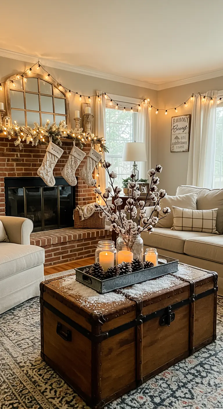 Salon de style farmhouse avec cheminée en briques, chaussettes de Noël et déco en coton.
