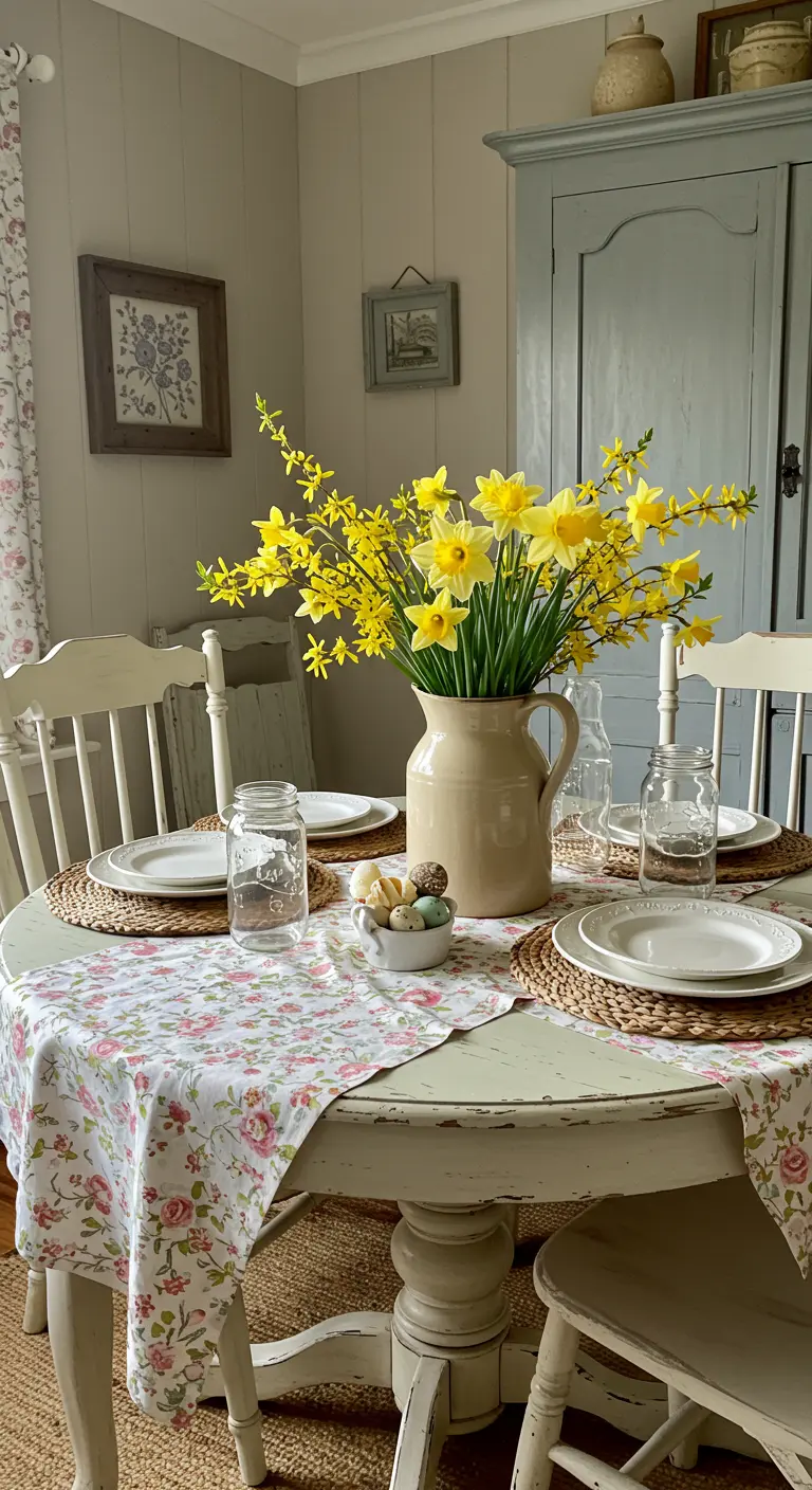 Grand pichet en grès rempli de jonquilles sur une table de style farmhouse.