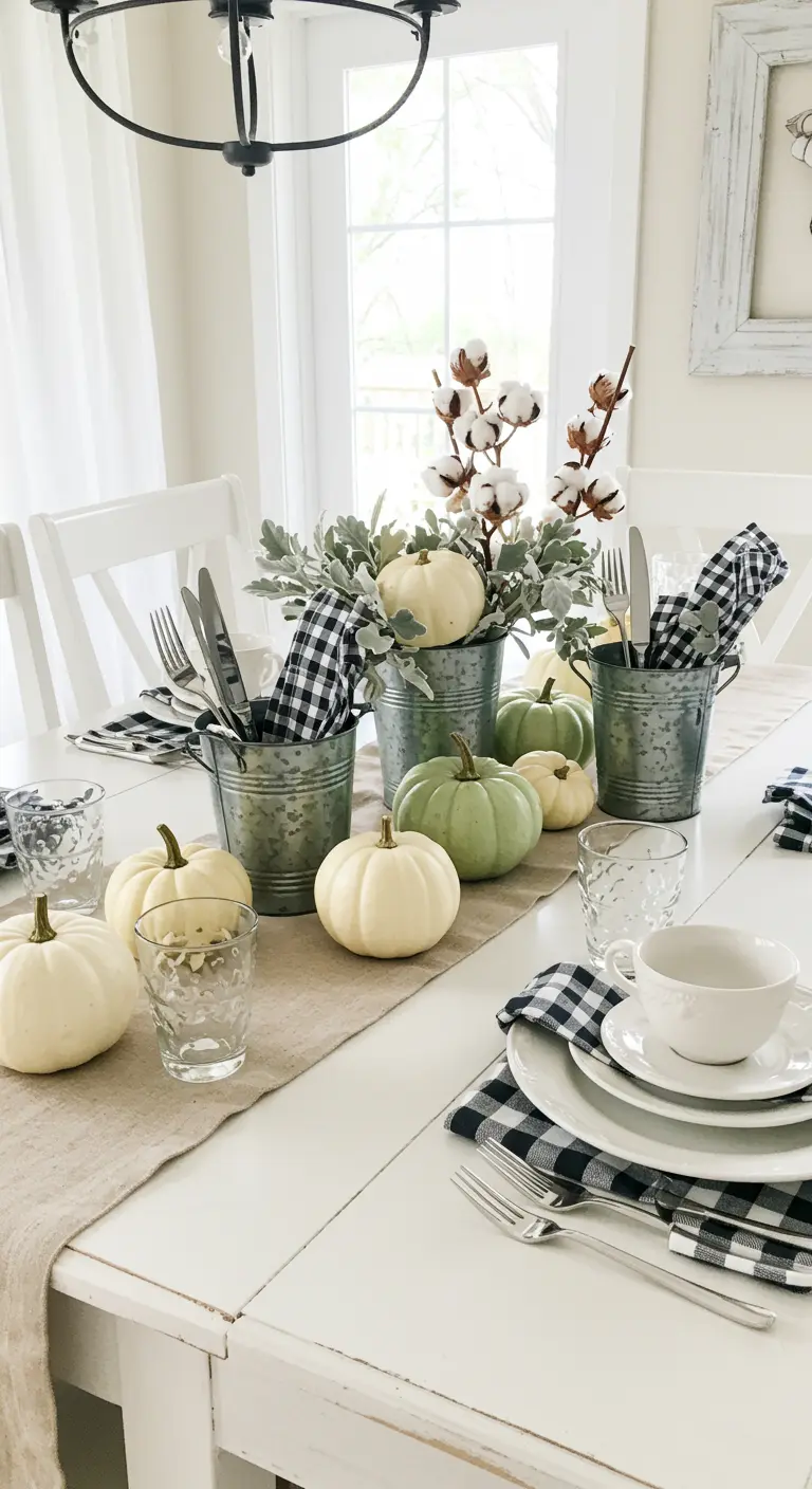 Table de style farmhouse blanche avec des citrouilles blanches, des seaux en zinc et des serviettes vichy.