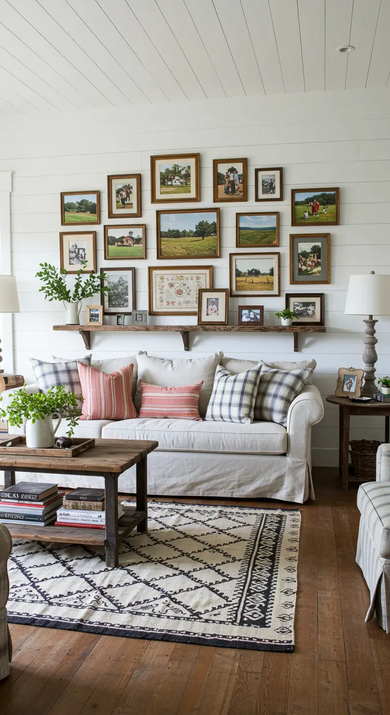 Salon de style farmhouse avec un mur de cadres posés sur une étagère et un canapé blanc.