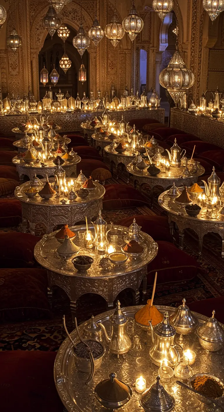 Salle de banquet marocaine avec de multiples tables rondes argentées, bougies et coussins rouges.