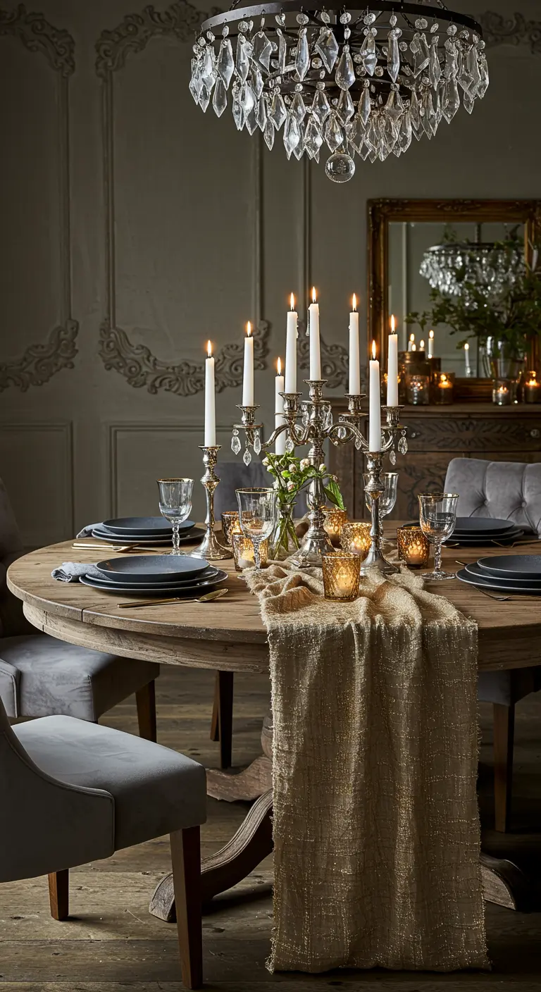 Chemin de table en tissage doré, chandeliers de cristal et bougies sur table en bois foncé