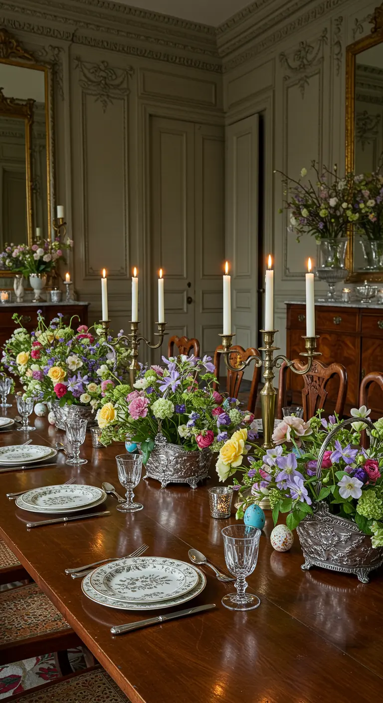 Grande table de Pâques avec de multiples arrangements floraux luxueux dans des coupes en argent et chandeliers.