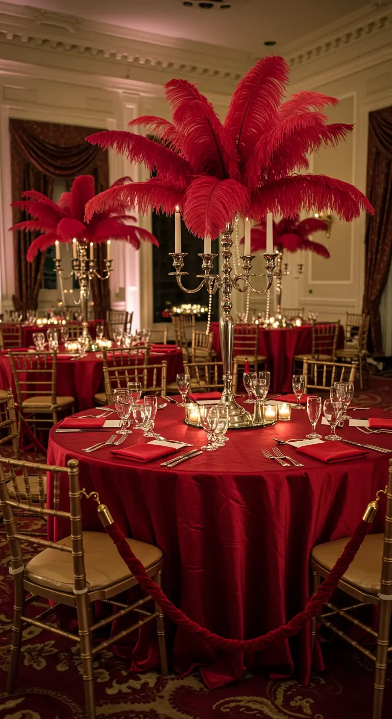 Salle de réception avec nappes rouges, hauts candélabres à plumes rouges.