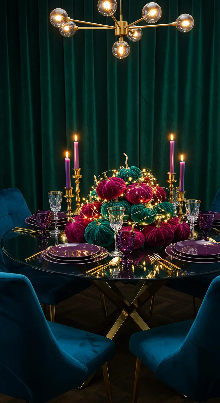 Table de fête glamour avec des citrouilles en velours magenta et vert, et des guirlandes lumineuses.