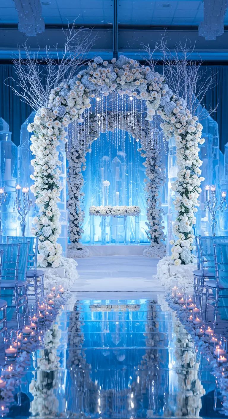 Arche florale blanche et bleue dans un décor de glace avec des cristaux.