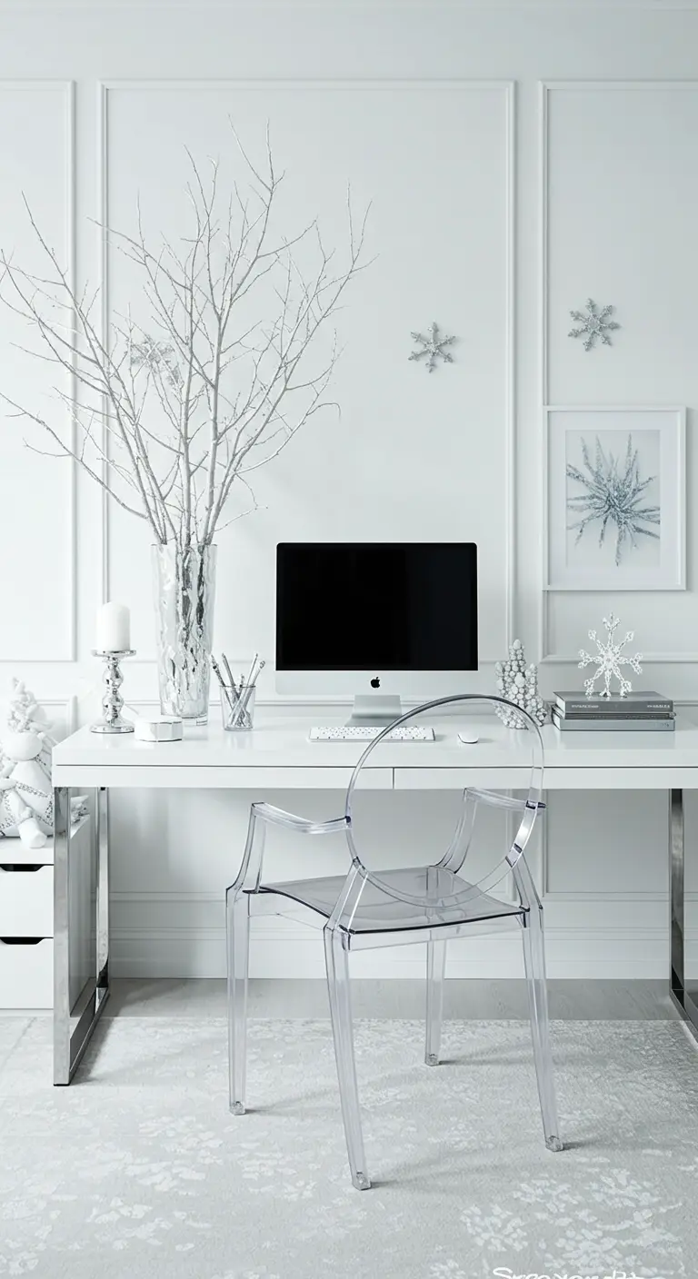 Bureau entièrement blanc et argenté avec des branches peintes dans un vase et des flocons de neige.