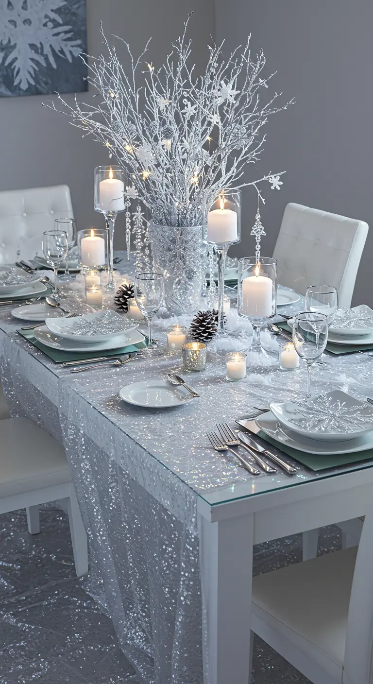 Table d'hiver féerique avec nappe à paillettes argentées, branches enneigées lumineuses et bougies blanches.