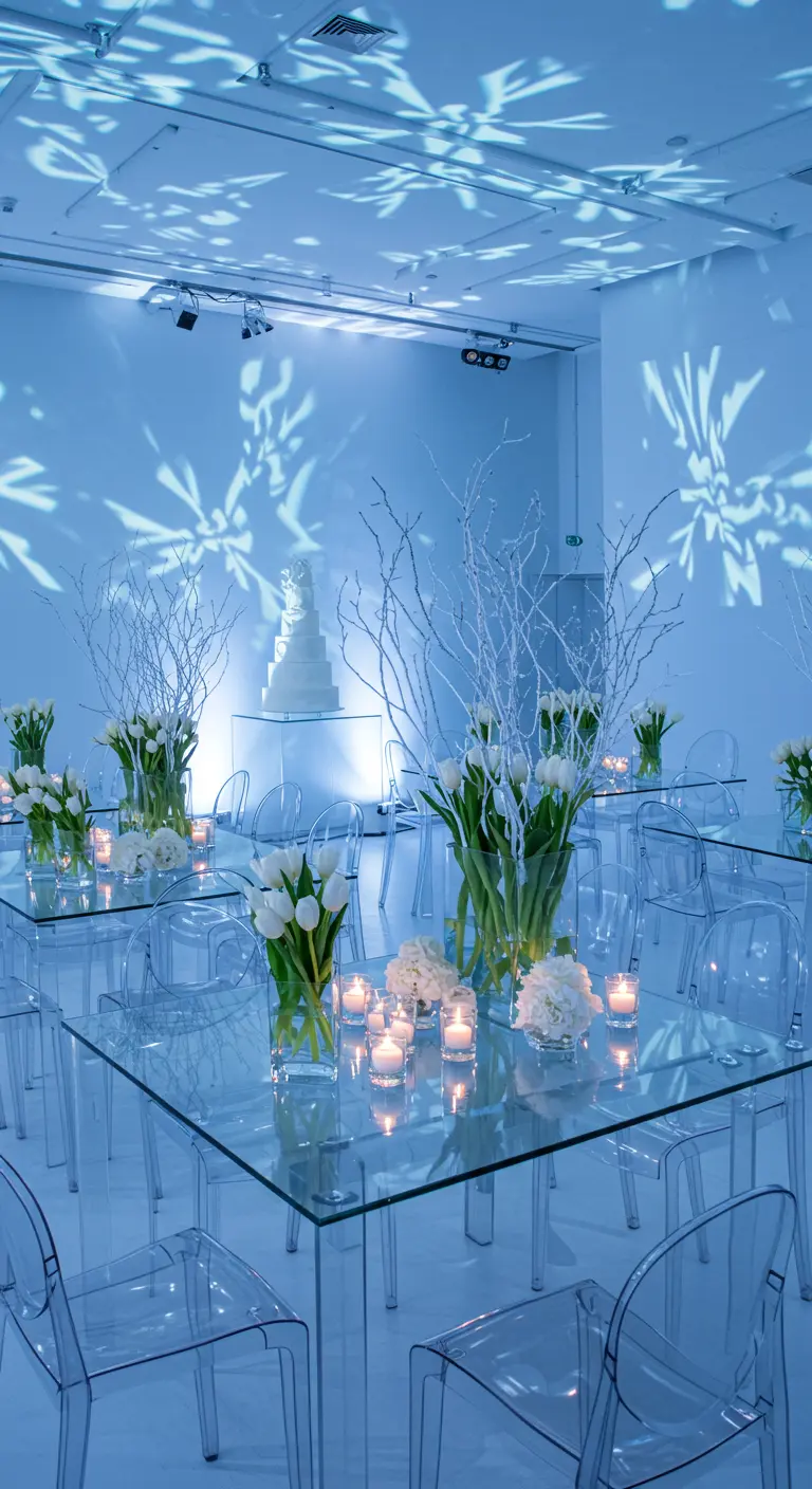 Décor de table d'hiver blanc et transparent avec tulipes, bougies et projections de flocons de neige.