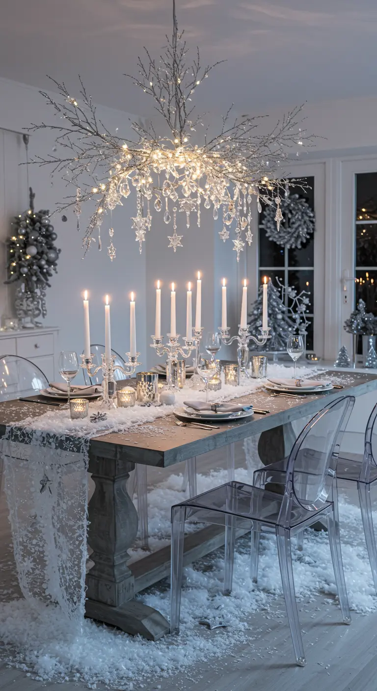 Table de fête hivernale blanche et argentée, décorée de fausse neige et de bougeoirs en cristal.