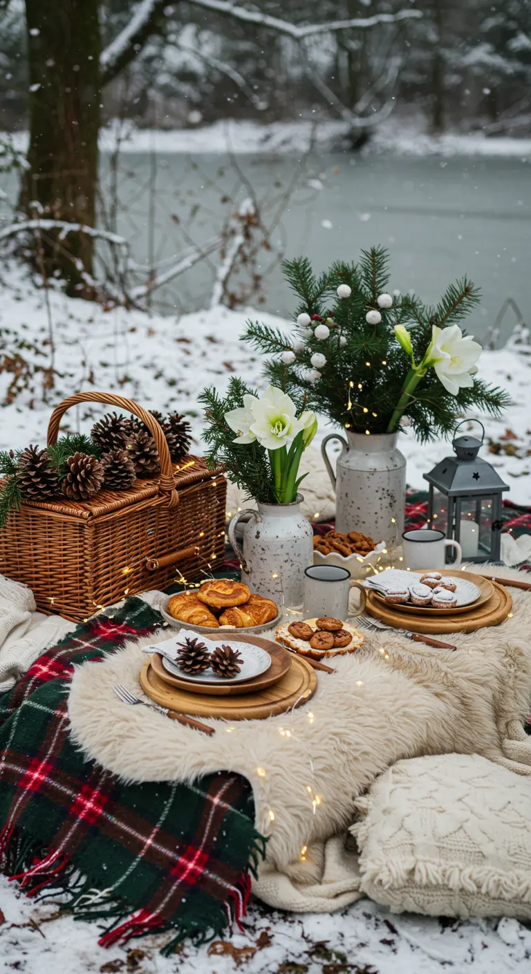Pique-nique hivernal dans la neige avec plaid tartan, fausse fourrure, guirlandes lumineuses et branches de sapin.