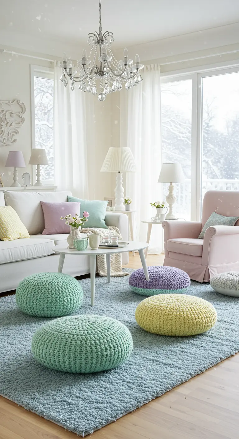 Salon féerique avec canapé blanc, tapis bleu clair, poufs tricotés pastel et lustre en cristal.