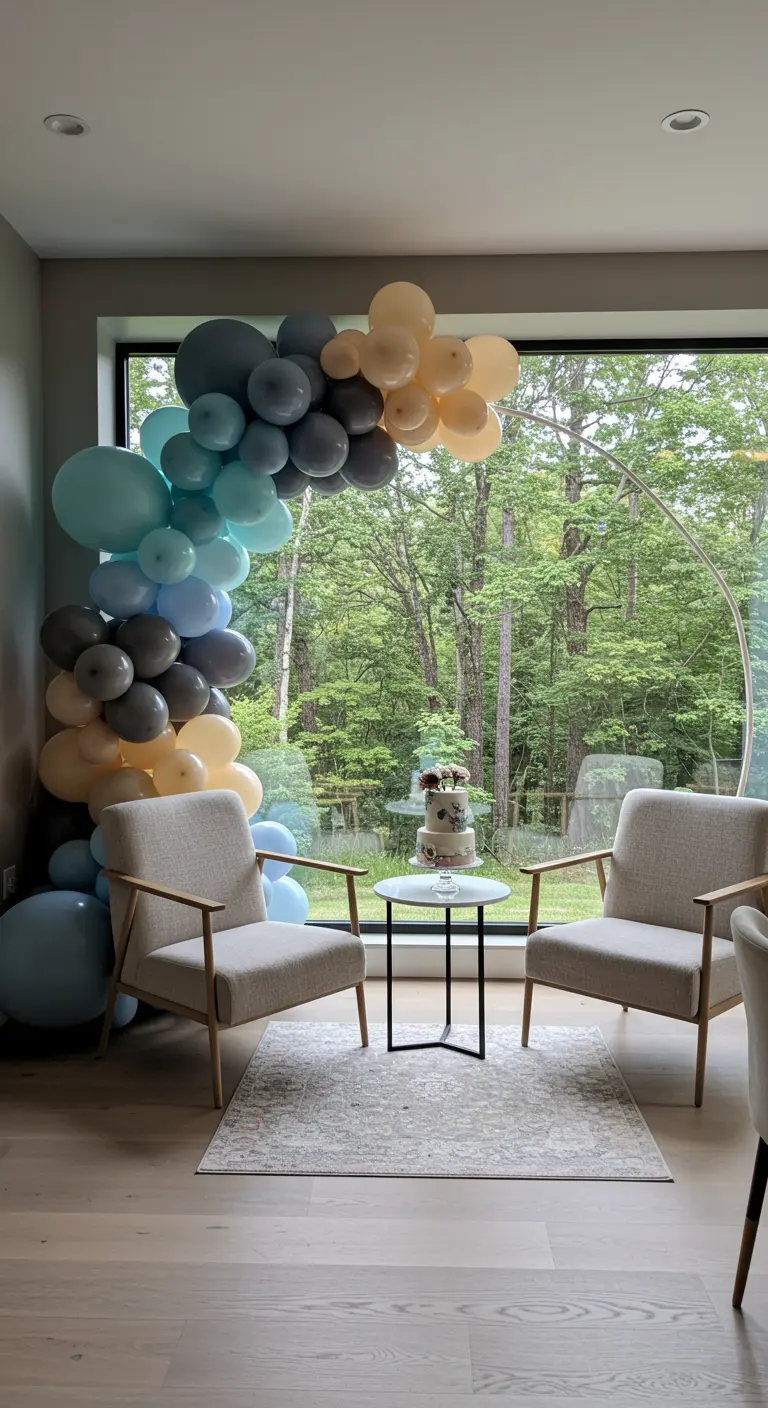 Arche de ballons dans des tons de bleu et de beige encadrant une grande fenêtre.