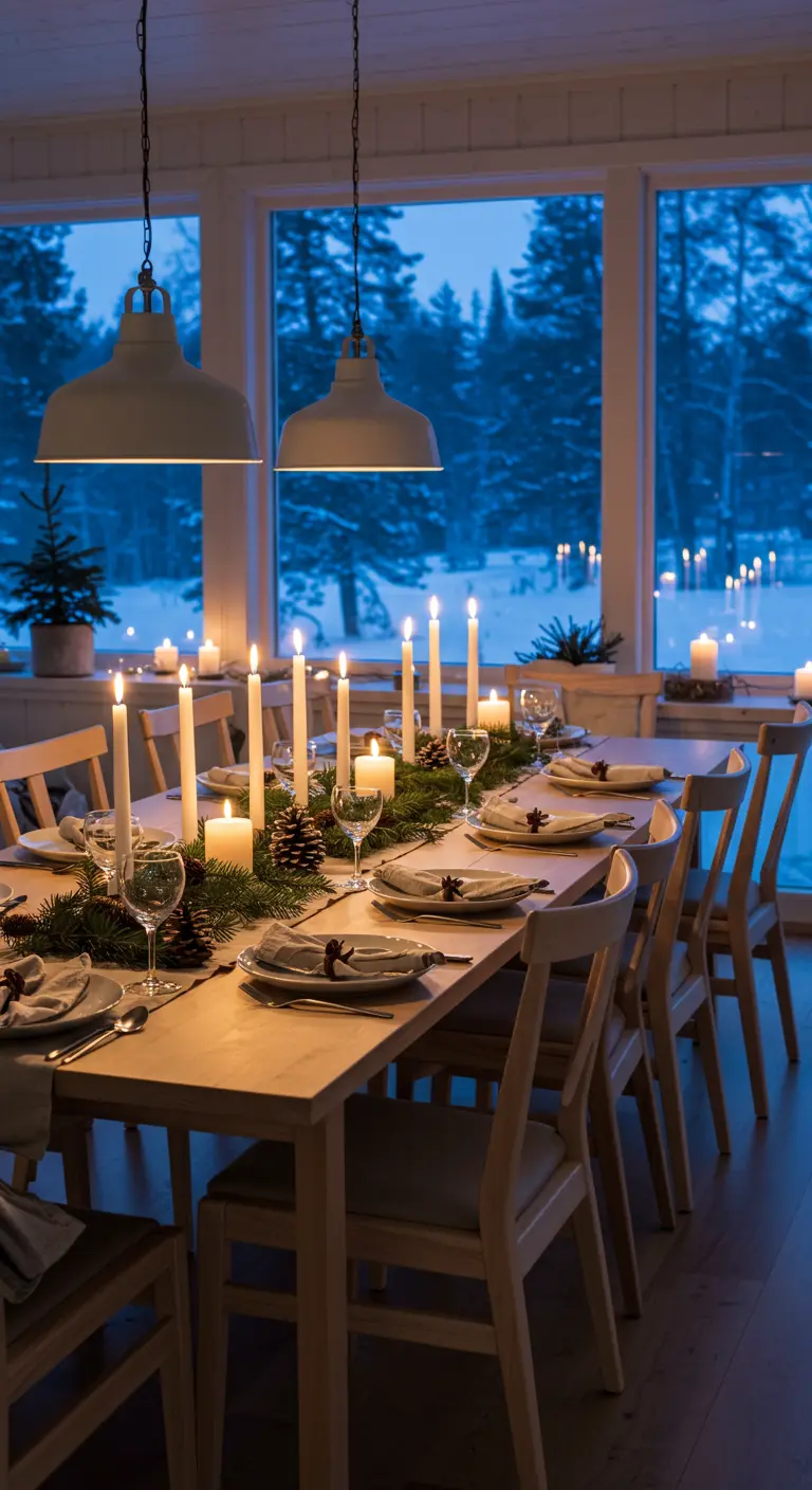 Table de Noël scandinave éclairée à la bougie avec vue sur une forêt enneigée.