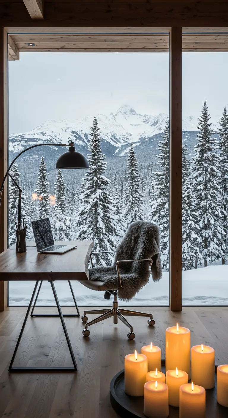 Bureau moderne devant une baie vitrée donnant sur un paysage de montagne enneigé.