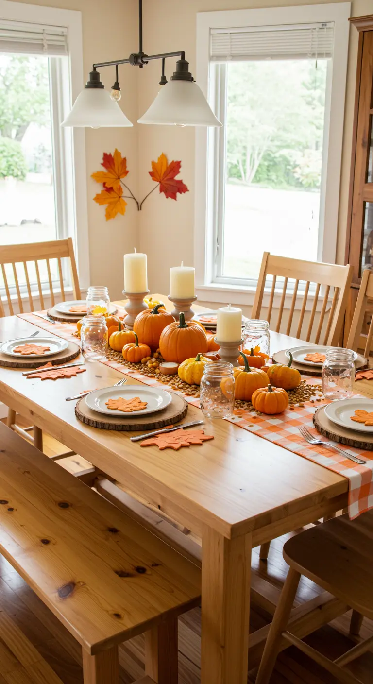 Table en bois clair avec chemin de table à carreaux orange, décorée de citrouilles variées, bougies et sous-plats en bois.