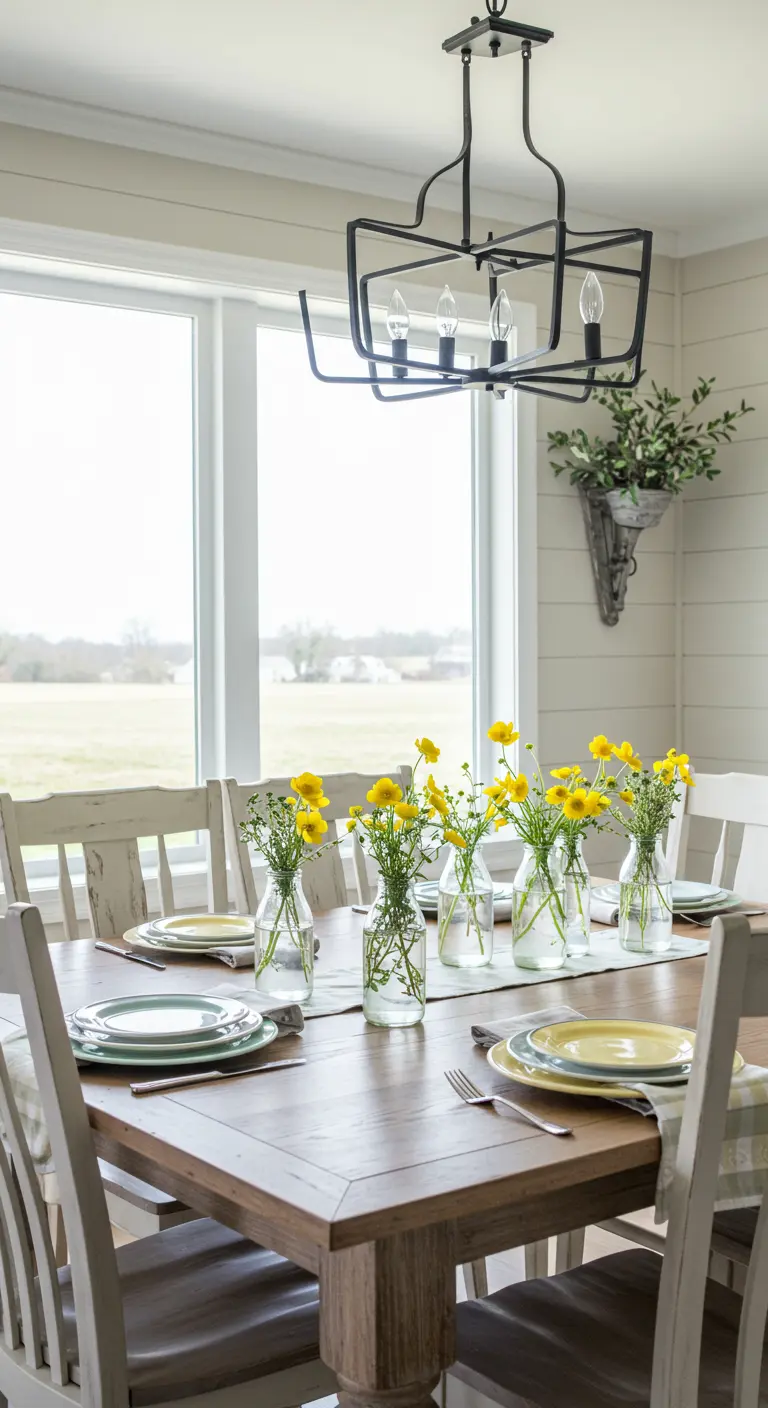 Longue table en bois avec chemin de table blanc, ranunculus jaunes et petites fleurs blanches dans des bouteilles en verre.