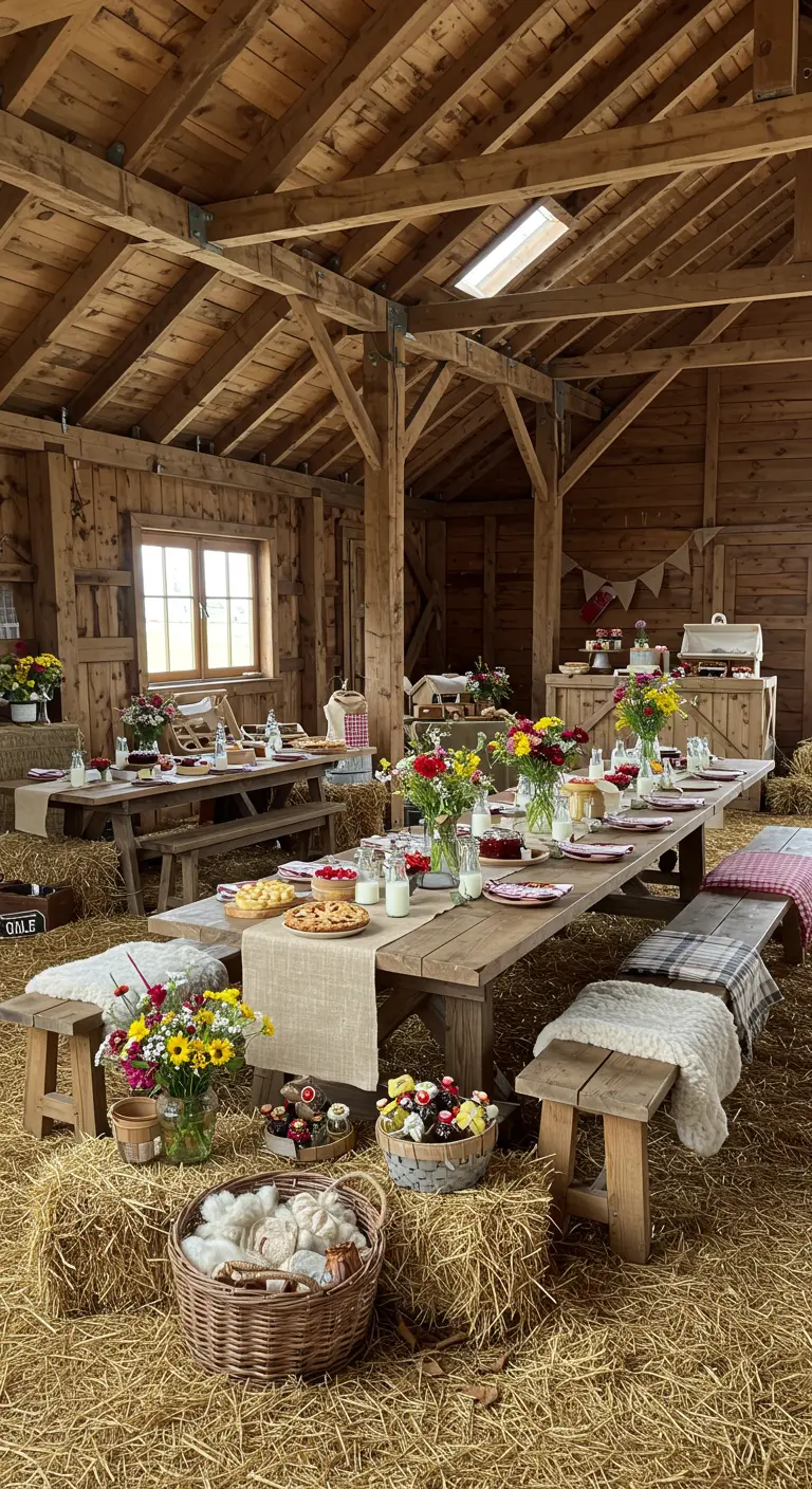 Fête d'anniversaire dans une grange décorée de bottes de foin et de tables en bois.