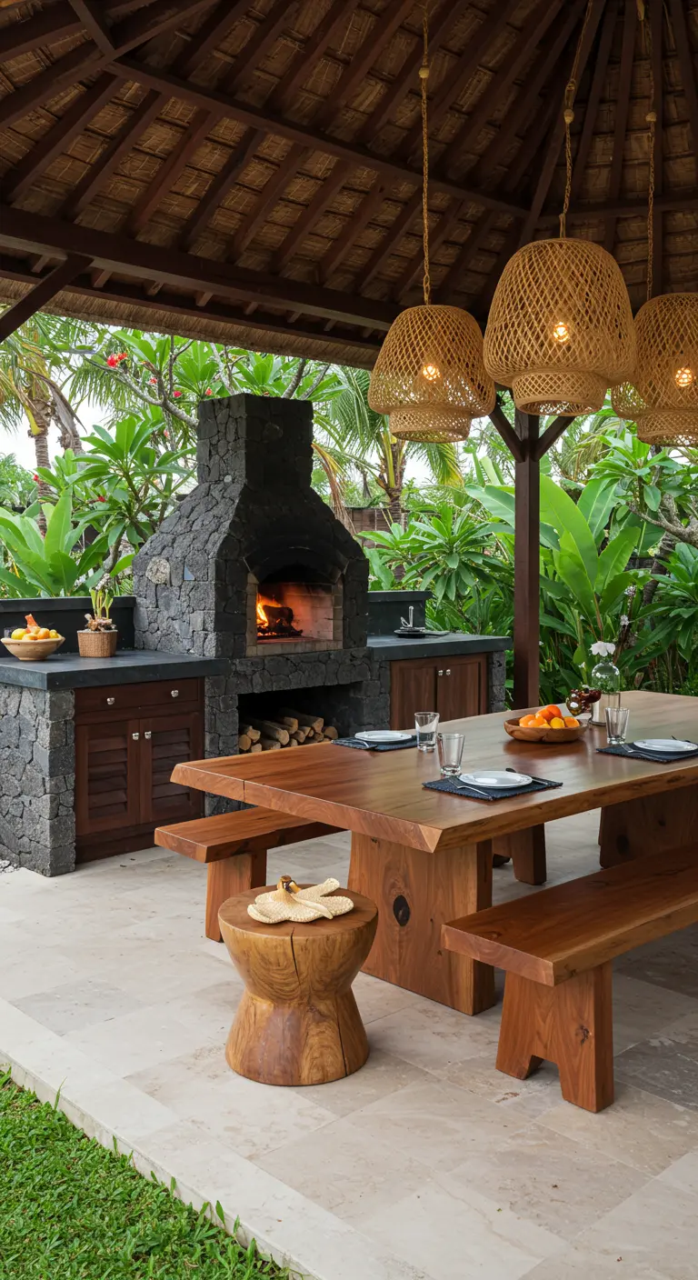 Cuisine extérieure tropicale avec four en pierre de lave et table en bois massif.