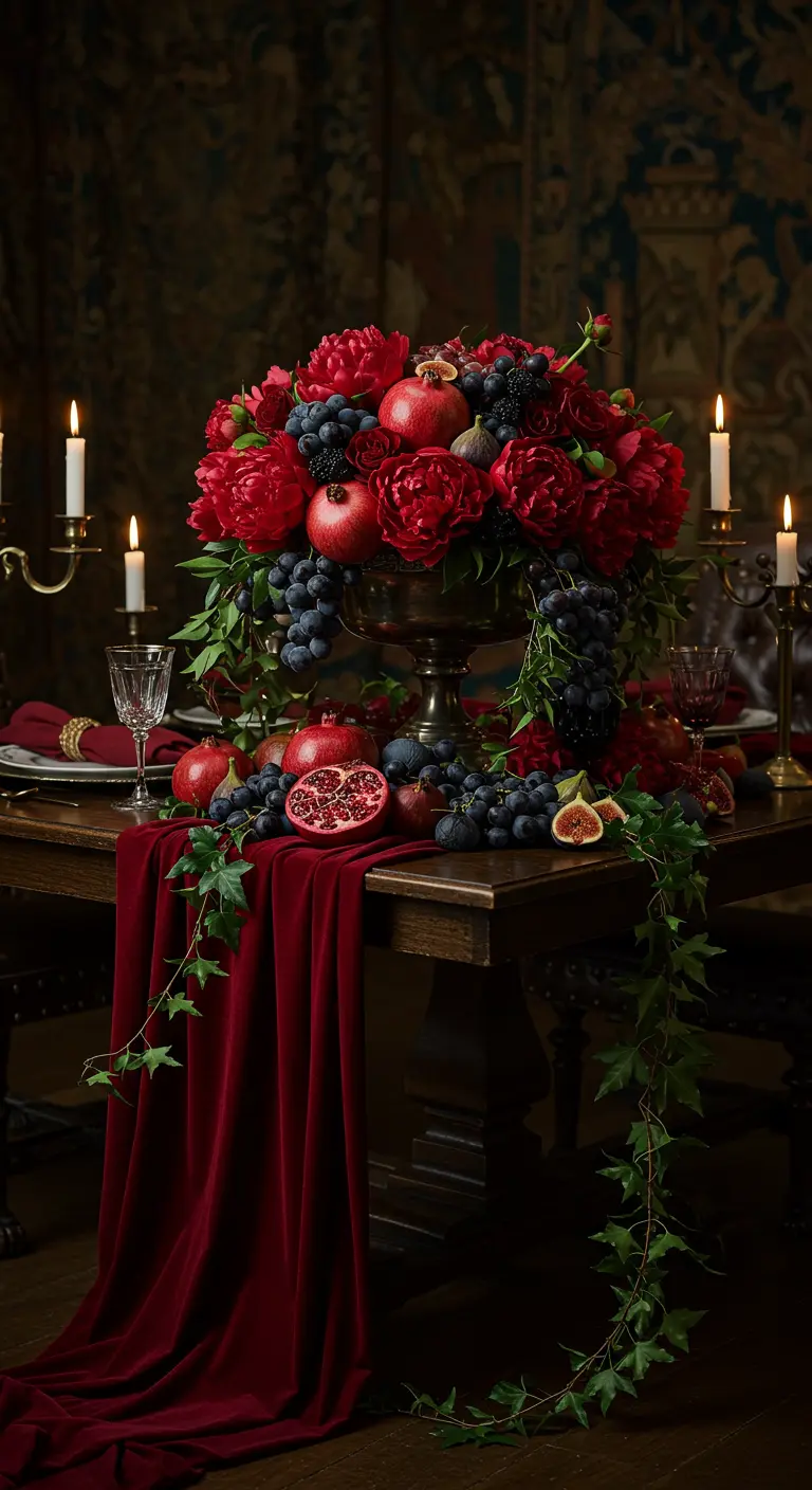 Centre de table baroque avec pivoines rouges, grenades et raisins sur une nappe en velours.