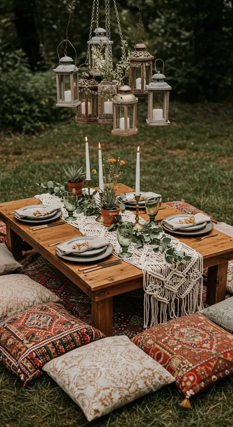 Table basse en bois dressée pour un repas bohème en extérieur, entourée de coussins et de tapis.
