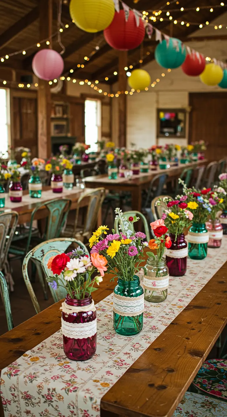 Longue table en bois avec un chemin de table fleuri, décorée de bocaux colorés et dentelle.