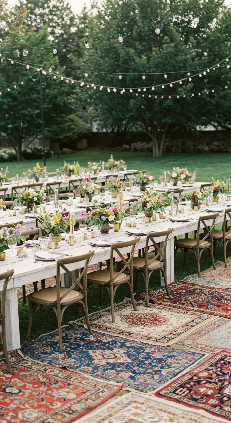 Réception de mariage bohème en extérieur avec longues tables blanches, tapis orientaux colorés et arrangements floraux.
