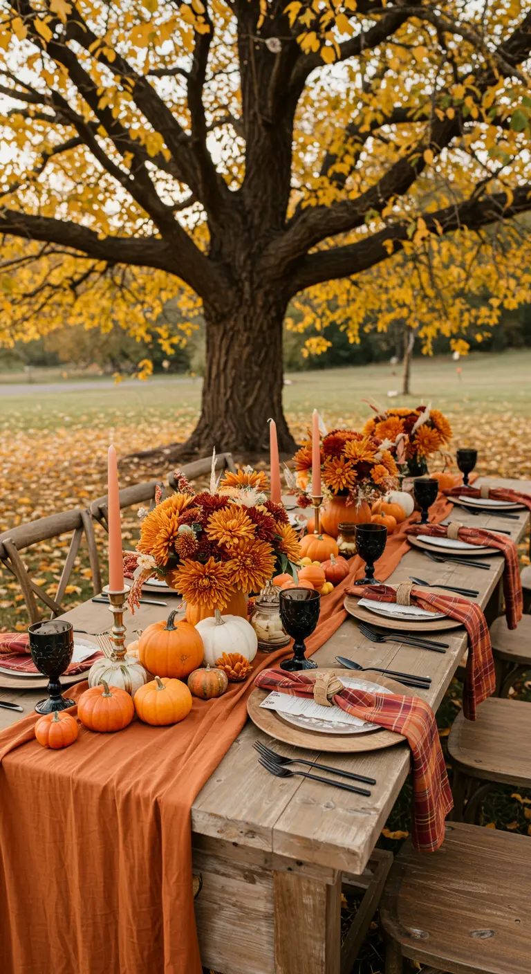 Table d'automne en extérieur avec des citrouilles, des fleurs orange et un chemin de table à carreaux.