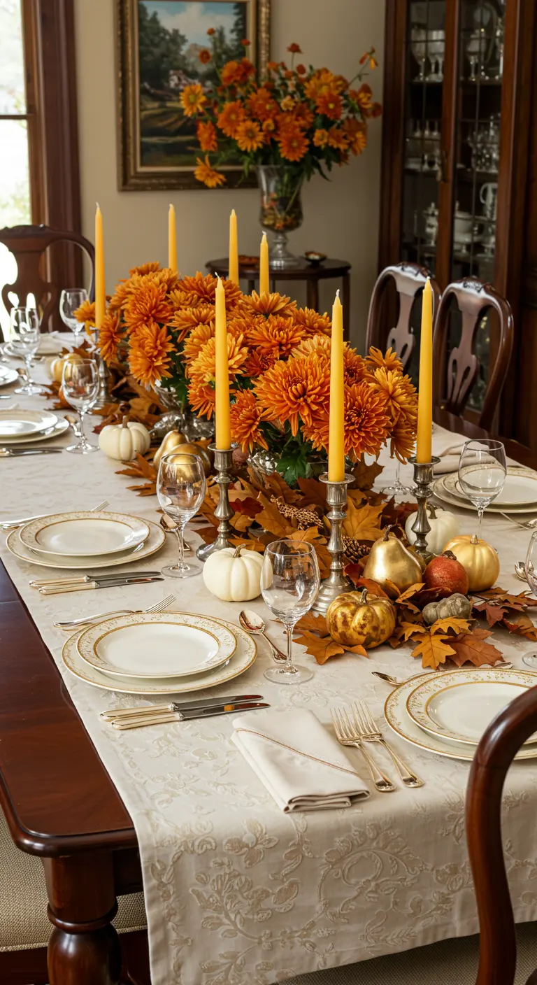 Table d'automne dorée avec chrysanthèmes orange, citrouilles blanches/dorées et feuilles d'érable.