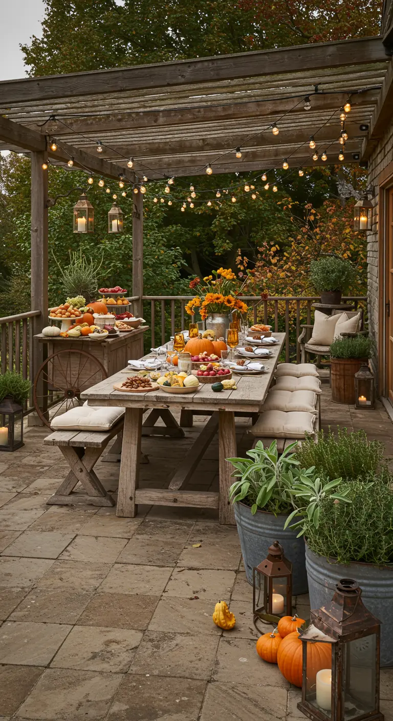 Table de fête automnale sous une pergola en bois avec citrouilles et guirlandes lumineuses.