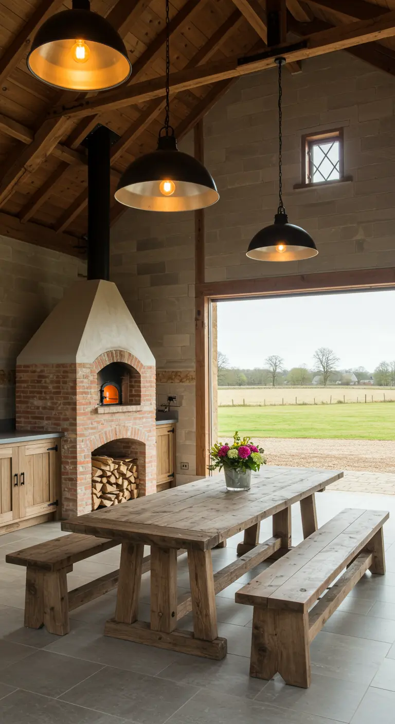 Intérieur de grange avec cuisine, four à pizza et grande table en bois.