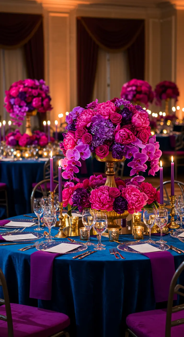 Table de réception avec nappe bleue, serviettes violettes et bouquets de fleurs fuchsia.