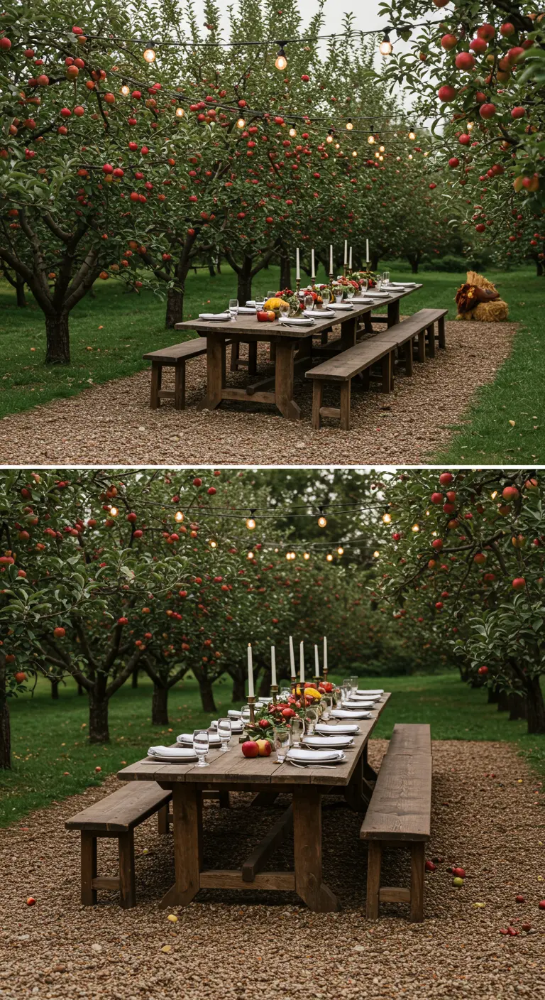 Longue table en bois dressée pour un dîner dans un verger de pommiers illuminé.