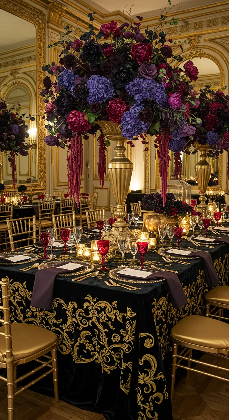 Table de banquet opulente avec nappe noire et or et d'immenses bouquets violets.