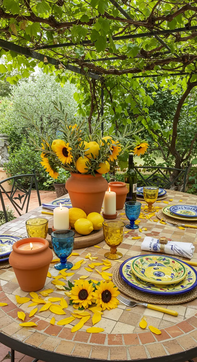 Table d'été en mosaïque sous une treille, dressée avec de la vaisselle jaune et bleue et des tournesols.