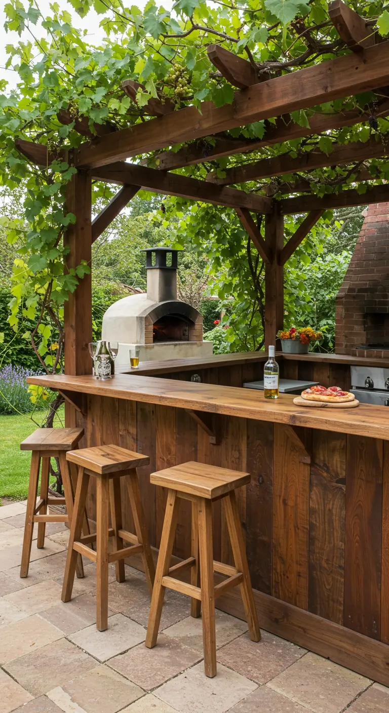 Bar en bois sous une pergola couverte de vigne, près d'un four à pizza.