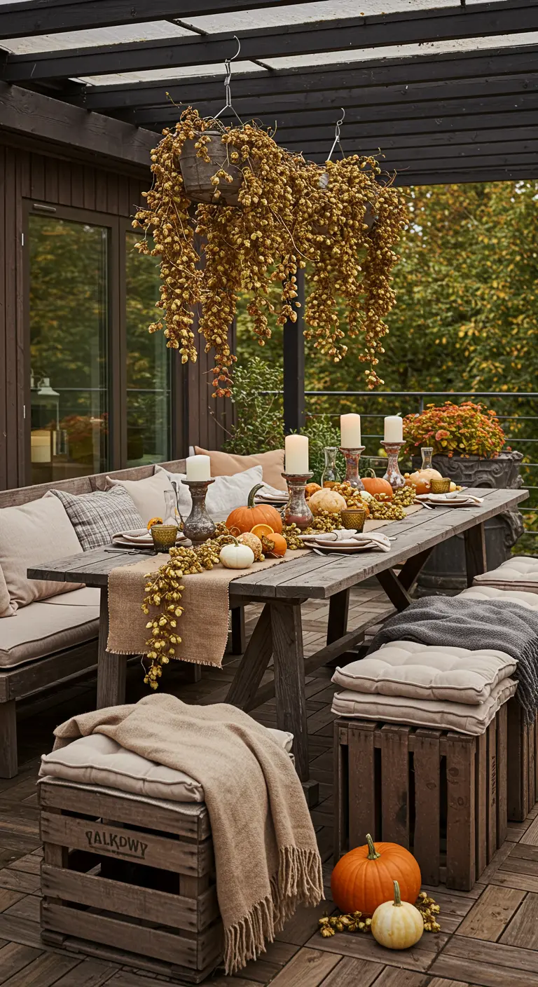 Table de repas extérieure décorée d'une guirlande de houblon suspendue et de citrouilles.