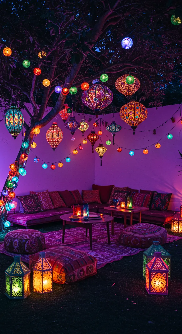 Jardin de style bohème coloré avec de nombreux lampions, lanternes et guirlandes lumineuses.