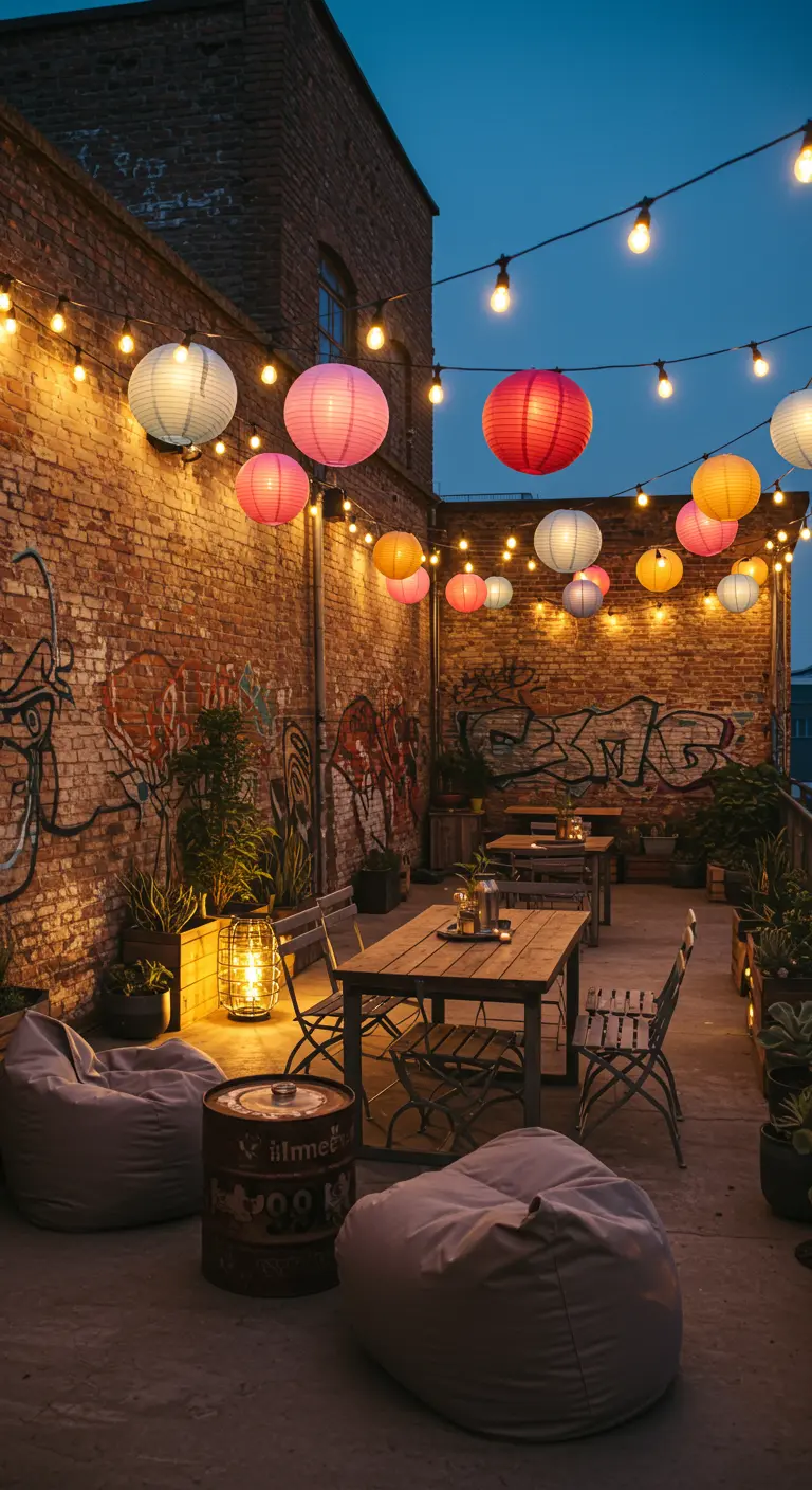 Rooftop urbain avec guirlandes, lampions colorés, poufs et tables basses faites de tonneaux, ambiance festive.