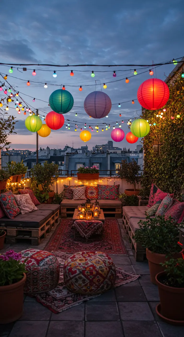 Rooftop urbain avec canapés en palettes, lampions colorés et guirlandes lumineuses.