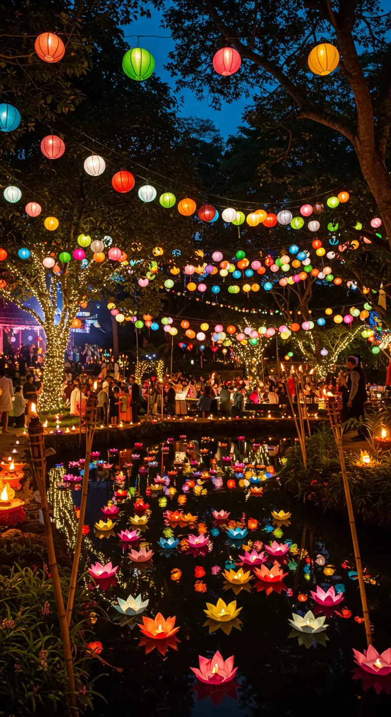 Jardin de nuit avec des lampions colorés dans les arbres et des fleurs lumineuses sur l'eau.