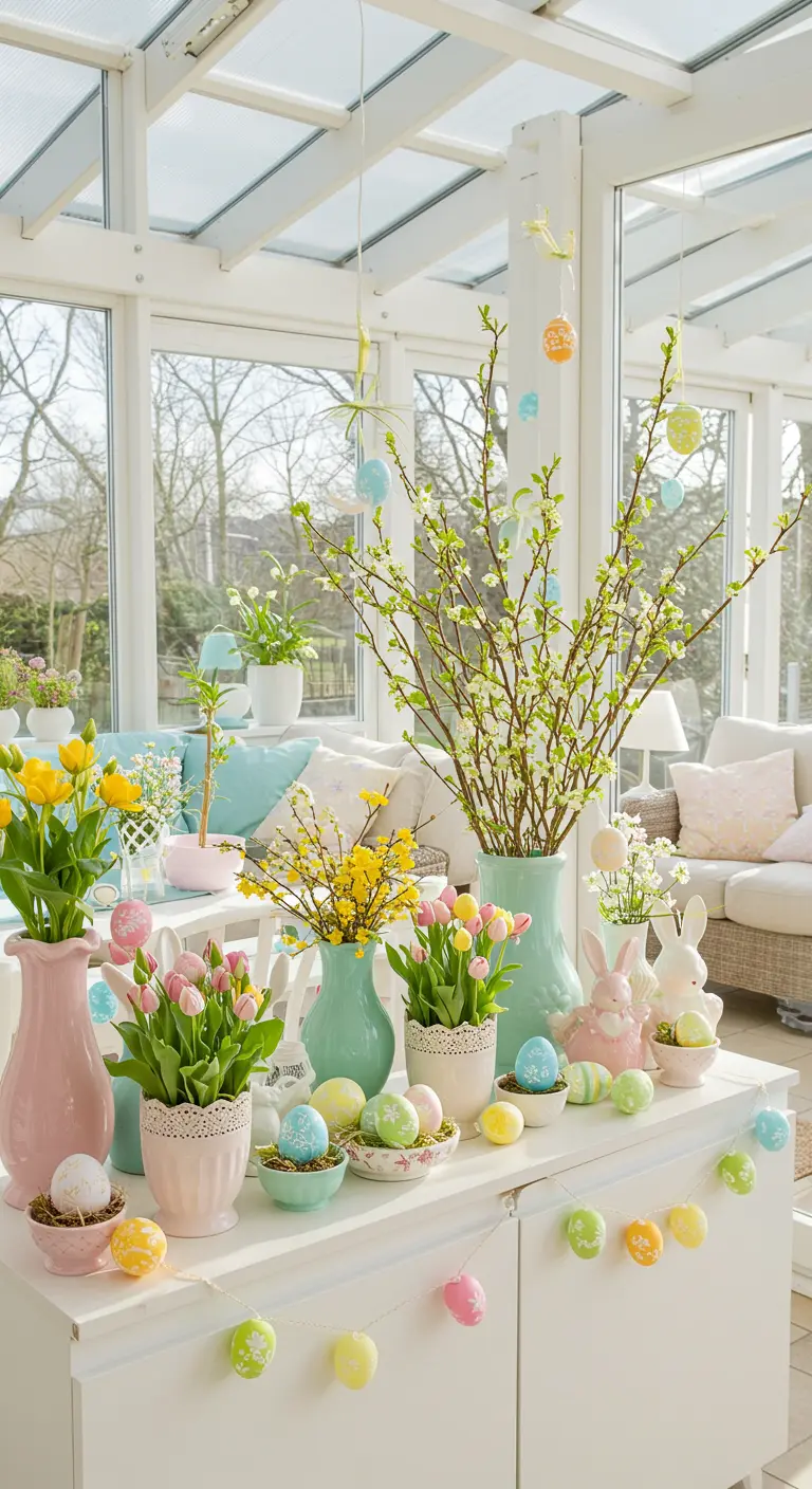 Commode blanche décorée de fleurs pastel, œufs de Pâques et figurines de lapins dans une véranda ensoleillée.
