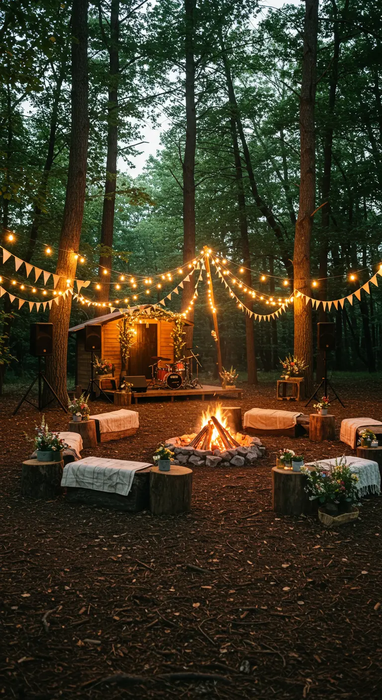 Scène en bois dans une forêt, décorée de guirlandes lumineuses.