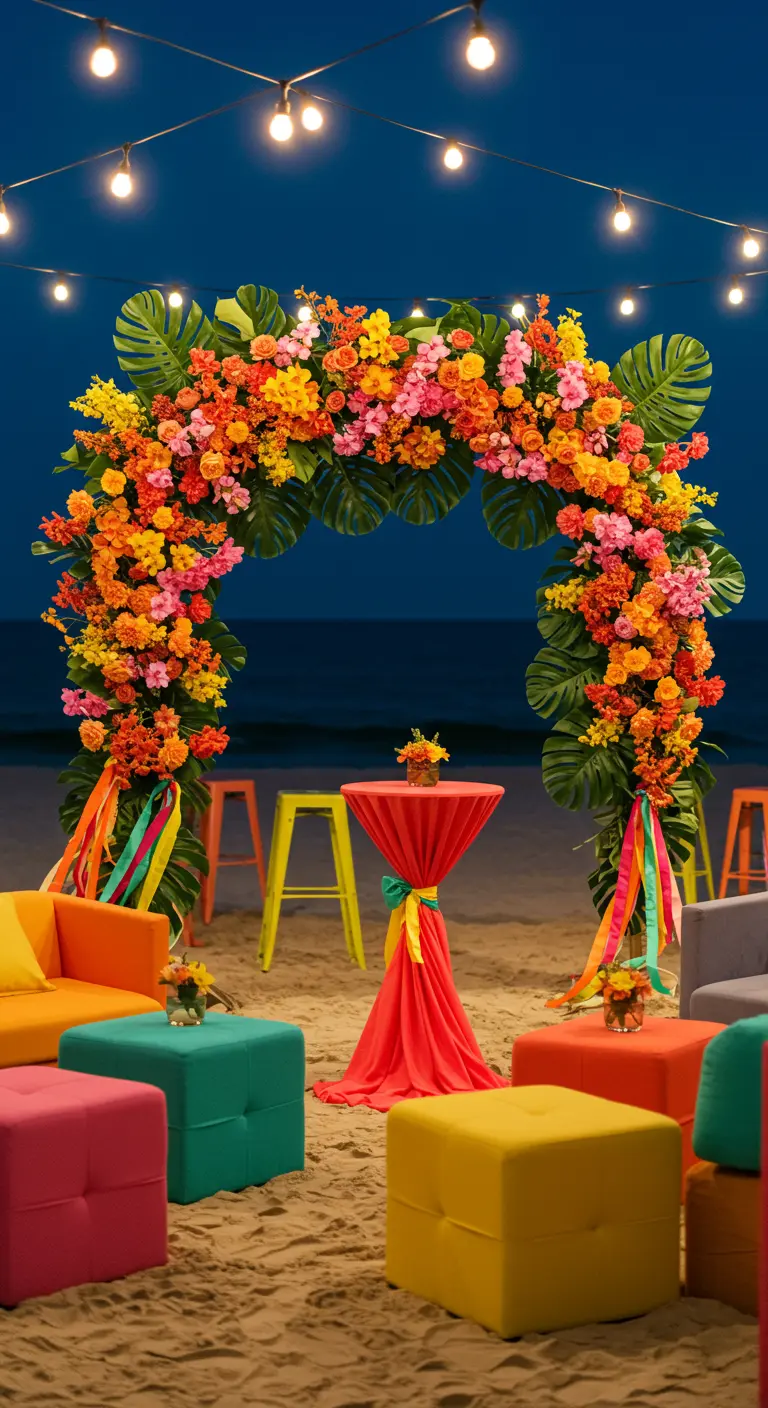 Arche florale multicolore, monstera, rubans arc-en-ciel, coin lounge coloré, plage.
